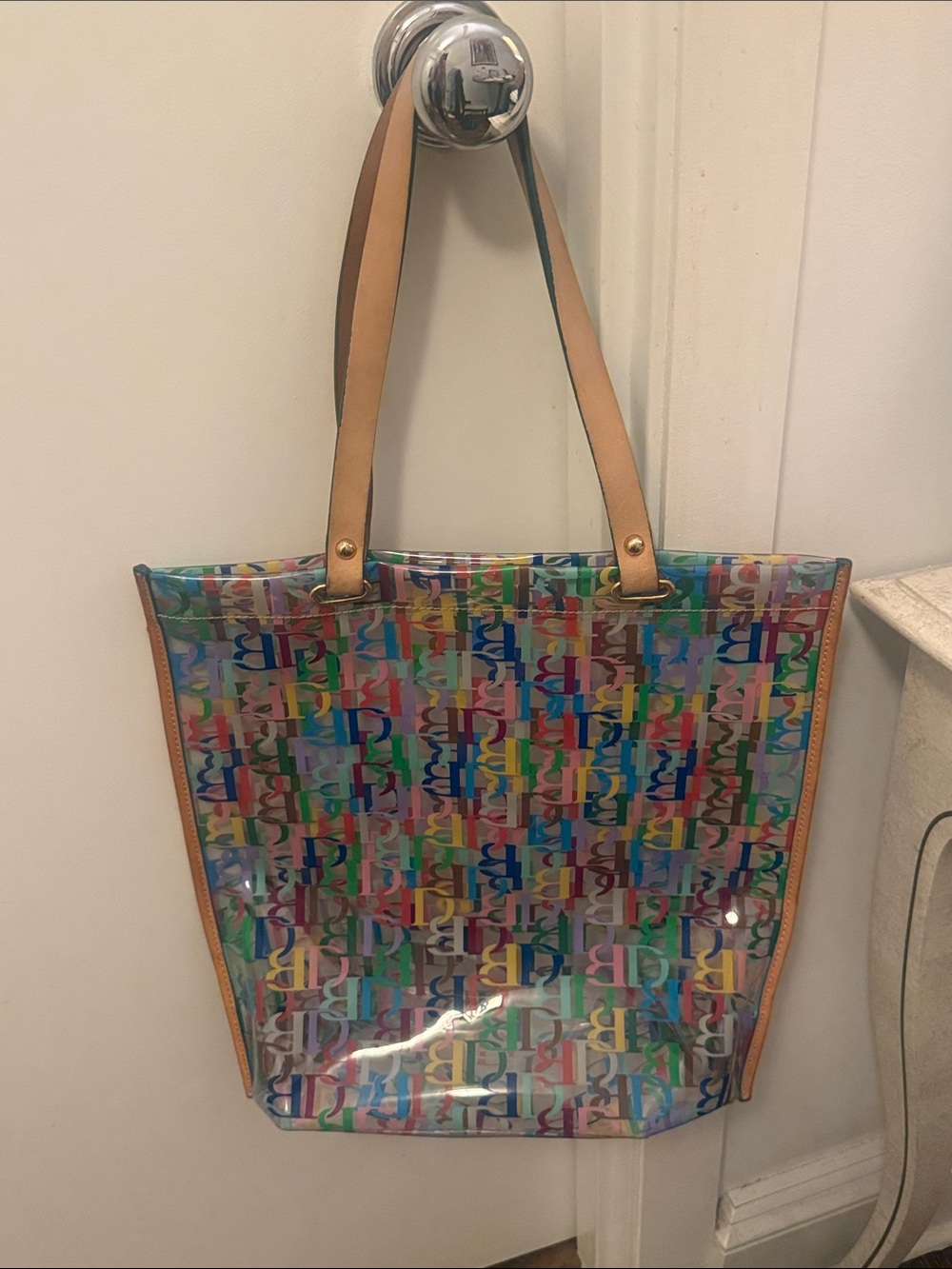 Vintage Dooney & Bourke Clear Multicolor Logo Tote Bag with Tan Handles